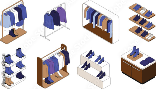 Isometric winter landscape illustration with snowy mountains, frozen lakes, wooden cabins, pine trees, docks, and small boat, cozy holiday scene