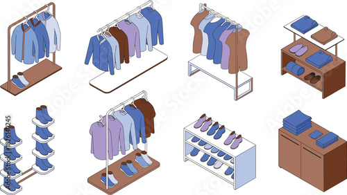 Isometric winter landscape illustration with snowy mountains, frozen lakes, wooden cabins, pine trees, docks, and small boat, cozy holiday scene