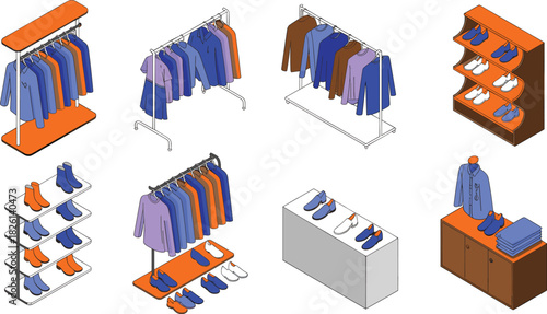 Isometric retail clothing store display with shirts, jackets, shoes, racks, shelves, fashion apparel arrangement, modern boutique interior illustration, shopping concept