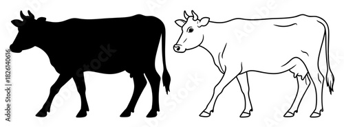 Walking Cow Silhouette and Outline Vector Illustration Dual Style Graphic Design with Transparent Background