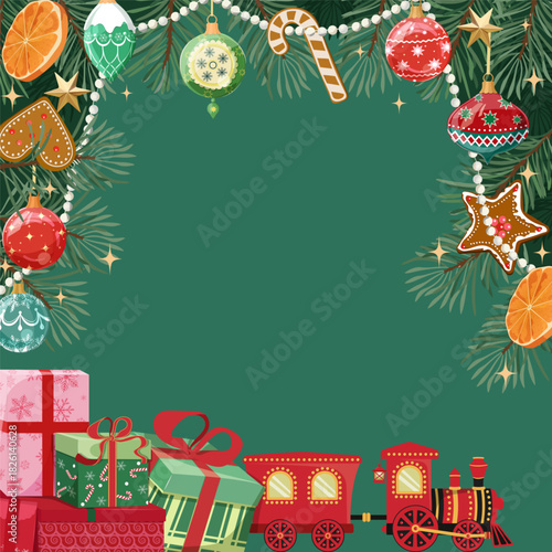 A Christmas card featuring a Christmas tree with baubles, gingerbread cookies, presents, and a toy train. There is space for your personal message. Vector illustration.