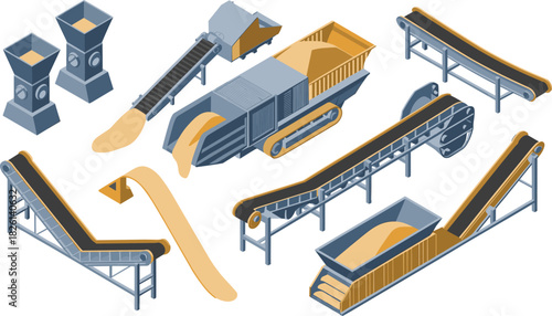 Isometric stone crushing plant with conveyor belts, industrial crushers, material processing equipment, quarry production machinery and automated aggregate handling system illustration
