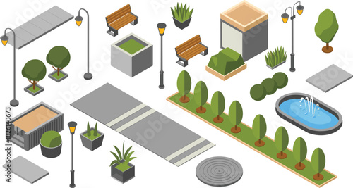 Isometric retail clothing store display with shirts, jackets, shoes, racks, shelves, fashion apparel arrangement, modern boutique interior illustration, shopping concept