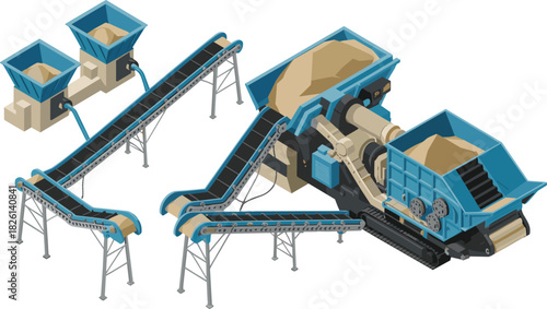 Isometric stone crushing plant with conveyor belts, industrial crushers, material processing equipment, quarry production machinery and automated aggregate handling system illustration