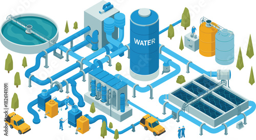 Isometric water treatment plant illustration with filtration tanks, pipelines, purification system, industrial infrastructure
