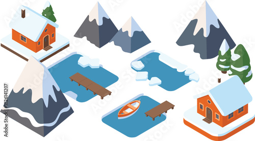 Isometric winter landscape illustration with snowy mountains, frozen lakes, wooden cabins, pine trees, docks, and small boat, cozy holiday scene