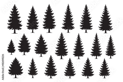 Collection of black silhouette pine trees of various sizes, arranged on a white background. This minimalist set of evergreen trees evokes a forest or winter theme.
