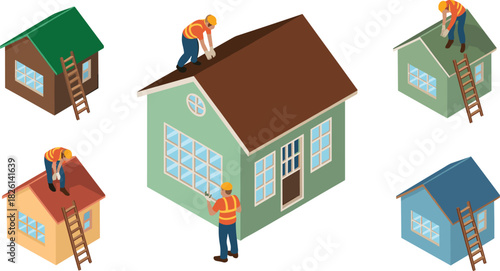 Isometric, house, roof, repair, construction, worker, fixing, shingles, maintenance, ladder, home, renovation, builder
