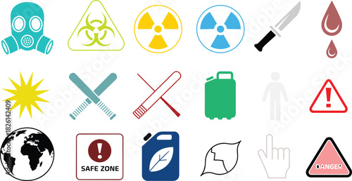 Minimal safety hazard icons set with toxic biohazard radiation danger warning symbols, security protection signs, safe zone environmental eco labels