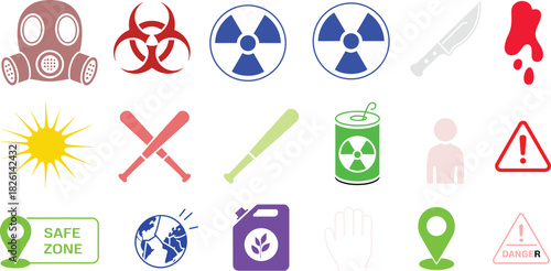 Minimal safety hazard icons set with toxic biohazard radiation danger warning symbols, security protection signs, safe zone environmental eco labels
