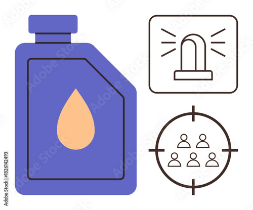 Oil container with drop icon, alarm light signaling urgency, group of people under crosshairs symbol. Ideal for industry, safety, hazard, emergency planning, resource management, oil production