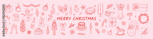 Collection of vintage Christmas icons and holiday characters. Hand drawn illustration in sketch line style.