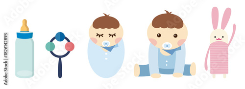 Baby illustration with infant and related baby accessories, soft pastel nursery graphic design