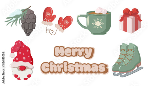 Set of seven festive illustrations pine cone with snow, red mittens forming a heart, green mug with marshmallows, pink gift box, gnome, Merry Christmas gingerbread-style text, and green ice skates