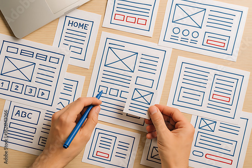 Obraz na płótnie Professional process of drawing web design wireframes and UI prototypes on paper for digital interface user experience development