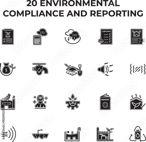 20 solid-fill vector icons for Environmental Compliance and Reporting, covering regulations, carbon footprint calculation, noise pollution, water quality, and ESG documentation. Corporate governance.