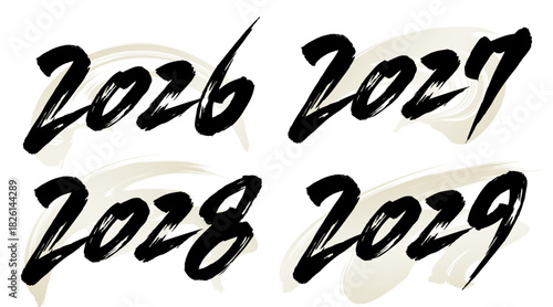 2026、2027、2028、2029と書いた筆文字と背景用の筆模様のベクター素材のセット