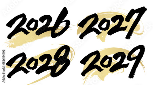 2026、2027、2028、2029と書いた筆文字と背景用の筆模様のベクター素材のセット