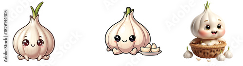 Three cartoon garlic characters with expressive eyes on a plain colored setting shown clearly on transparent background