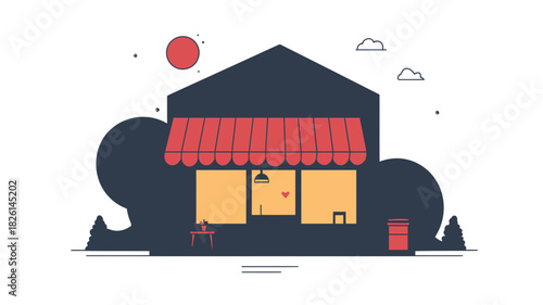 Minimalist flat vector illustration of small coffee shop storefront with red awning, outdoor seating, and trees in modern style