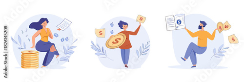Set of illustrations showing diverse people managing money finances budgeting planning bills and financial documents for economic freedom and wealth growth
