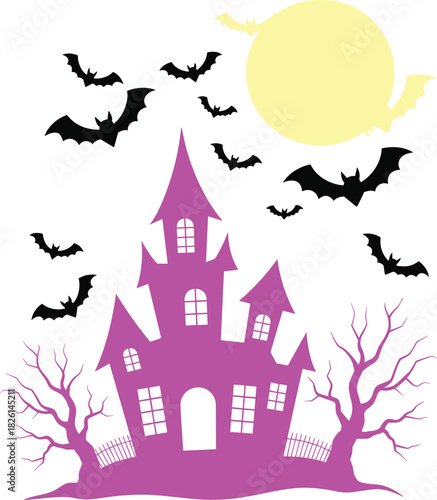 Spooky haunted house silhouette with flying bats, full moon and creepy barren trees for Halloween night decoration and horror themed vector design