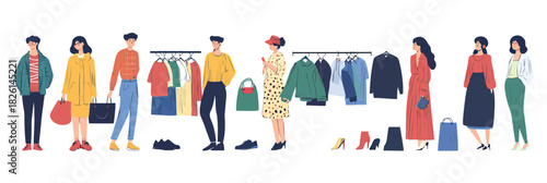Vector illustration of diverse people browsing, buying, and exchanging clothes and shoes from racks and bags in modern fashion shopping scene