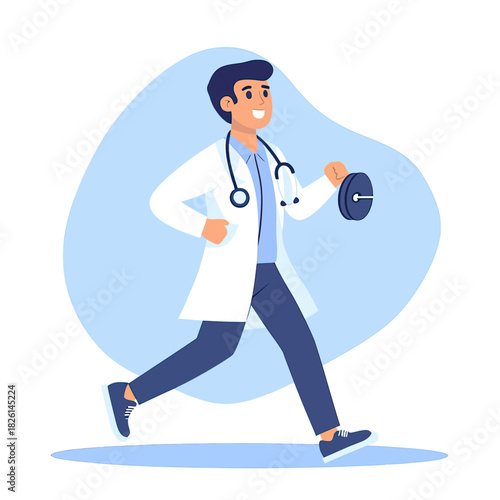 Male doctor jogging with dumbbell wearing white coat and stethoscope fitness health exercise concept vector illustration