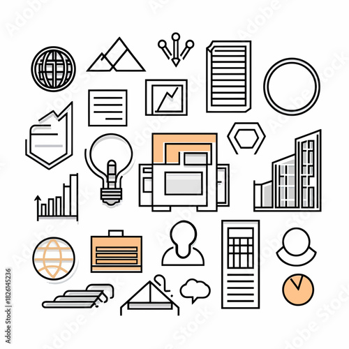 Set of business and office line icons with concepts of global network, analytics, graphs, documents, light bulb idea, user profiles, and modern buildings in flat minimalist vector style