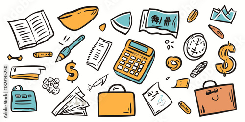 Hand drawn business finance icons set with calculator, briefcase, dollar sign, wallet, checkbook, pen and paper sketches in colorful doodle style