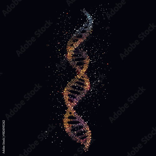 Digital glowing DNA double helix made of connected points and lines with starry particles on dark background, futuristic molecular structure vector illustration