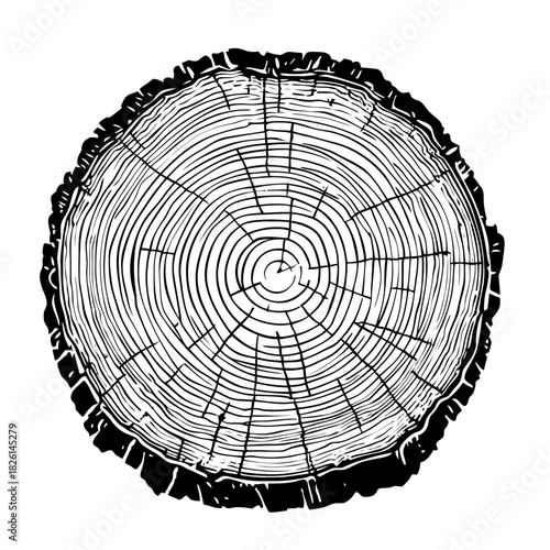Detailed black and white vector illustration of a tree cross section with visible growth rings and cracks in flat minimalist engraving style