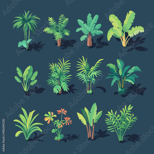 Isometric tropical jungle plants and foliage set with banana trees palm trees and exotic greenery flat vector illustration collection for nature design