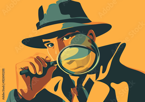 Detective in fedora hat holding magnifying glass close to face looking for clues investigation concept flat vector illustration