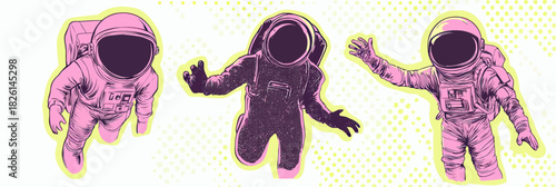 Three retro style astronauts floating in space with halftone background and neon outlines surreal pop art vector illustration in minimalist flat design
