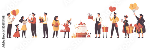 Group of diverse people celebrating birthday party with cake balloons gifts and festive decorations in flat minimalist style vector illustration