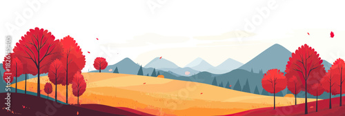 Minimalist flat vector autumn landscape with vibrant red trees golden fields and mountain background scenic seasonal nature illustration