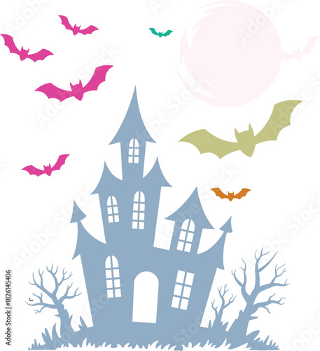 Spooky haunted house silhouette with flying bats, full moon and creepy barren trees for Halloween night decoration and horror themed vector design