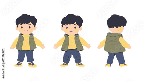 Cute little boy character front side back view wearing sleeveless green jacket yellow shirt blue pants casual outfit cartoon vector illustration flat style