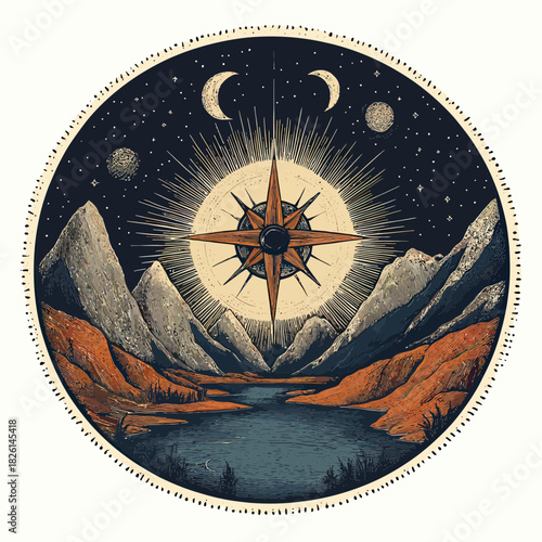 Vintage compass rose with moon phases and mountain landscape over river under starry night sky detailed engraving style vector illustration for navigation and adventure concepts