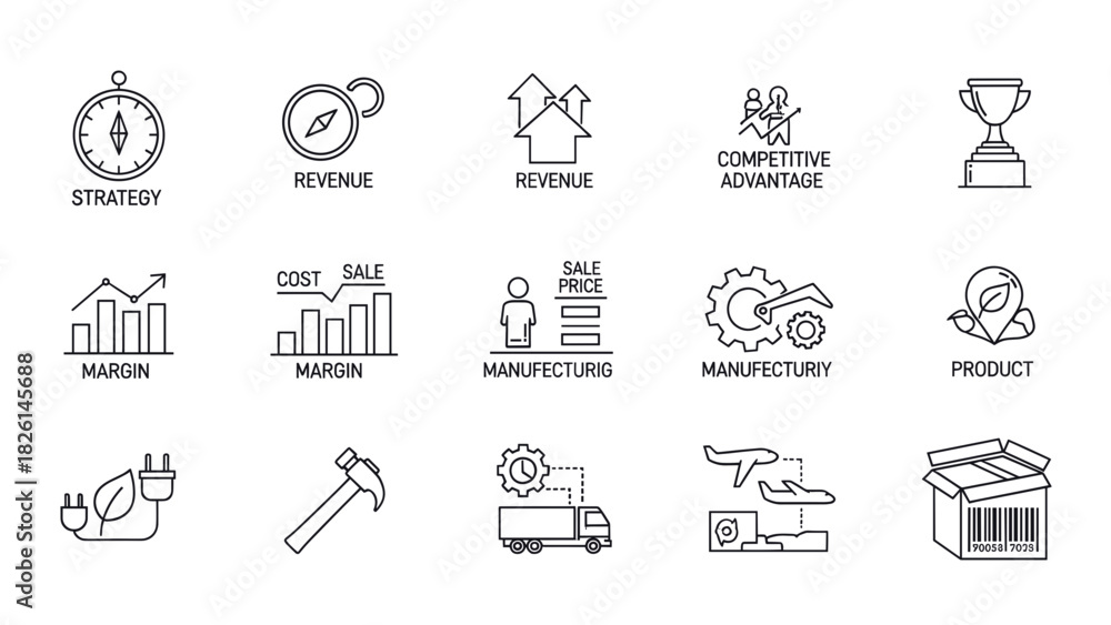 Fototapeta premium Collection of business and industry icons in outline style, representing various concepts.