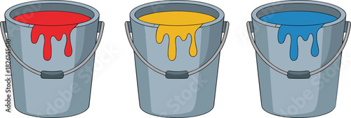 Three metal paint buckets with dripping red, yellow and blue colors, creative art supplies illustration for design, painting, DIY, decoration concepts