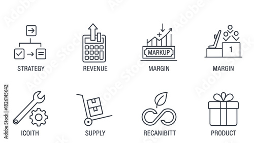 Collection of business icons representing strategy, revenue, margin, supply, and product.