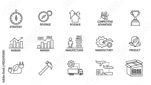 Collection of business and industry icons in outline style, representing various concepts.