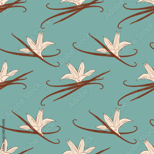 Pattern with aromatic spices Vanilla, flowers and vanilla sticks on soft pastel blue background.