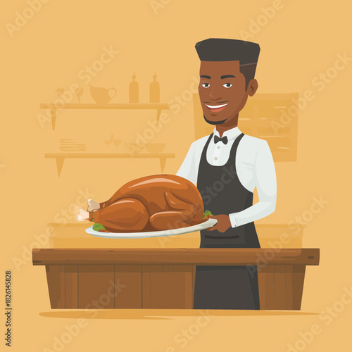 A chef holding a cooked turkey on a serving plate