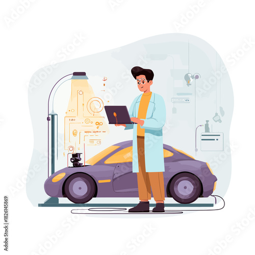 Engineer using laptop to diagnose a car in a workshop setting