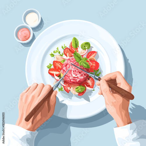 A chef plating a gourmet food dish with finesse and precision