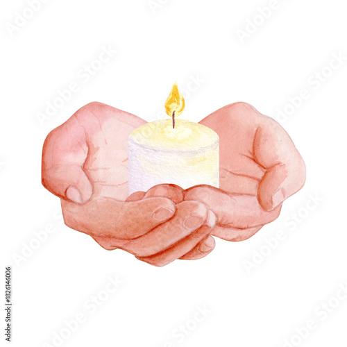 Hands holding a small lit candle, watercolor illustration isolated on white. Ideal for remembrance cards, spiritual themes, charity projects, mindfulness visuals. Symbolizing memory, hope and comfort