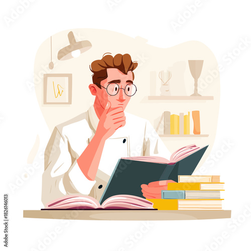 A chef looking at a recipe book in the kitchen